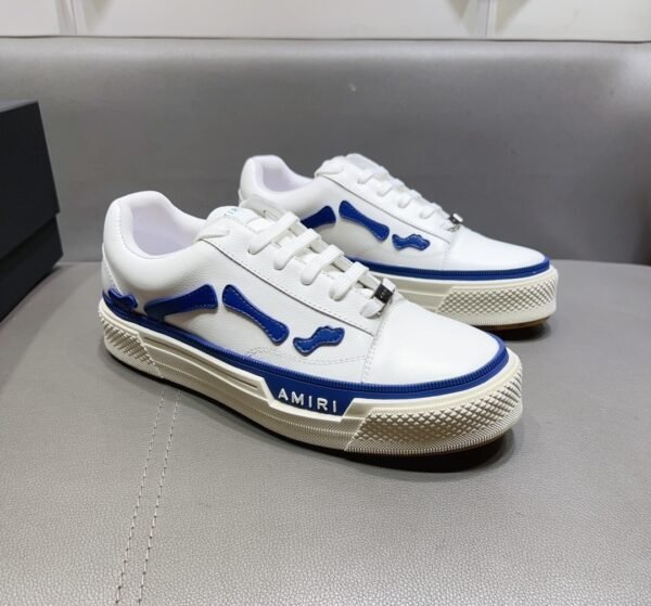 AMR Low-Top Leather Skel Trainers – White & Blue Accents