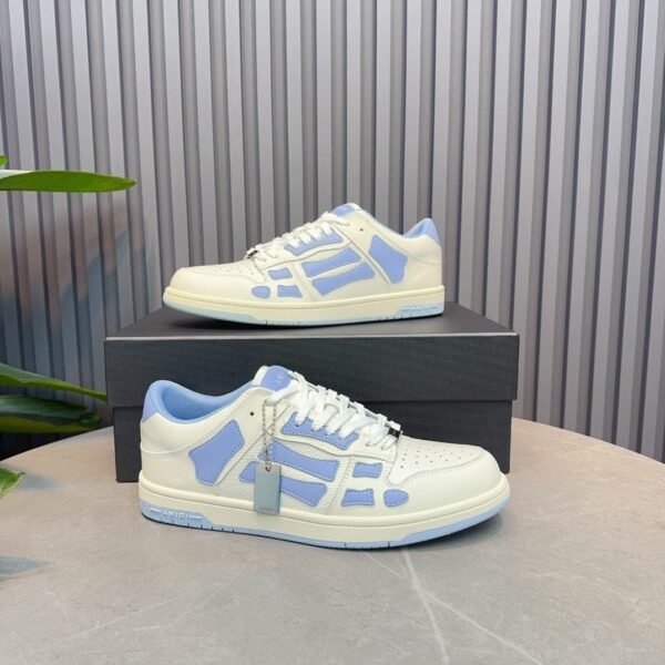 AMR Skel Leather Trainers – White with Baby Blue Accents