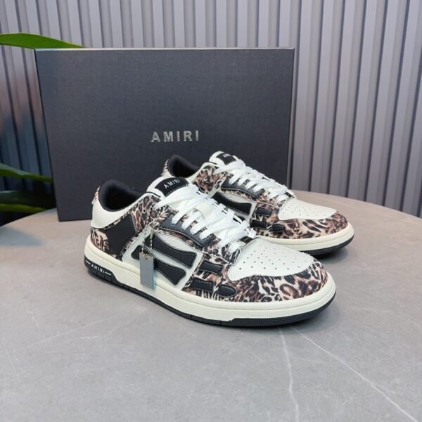 AMR Skel Leather Trainers – White with Leopard Print Textile Panels