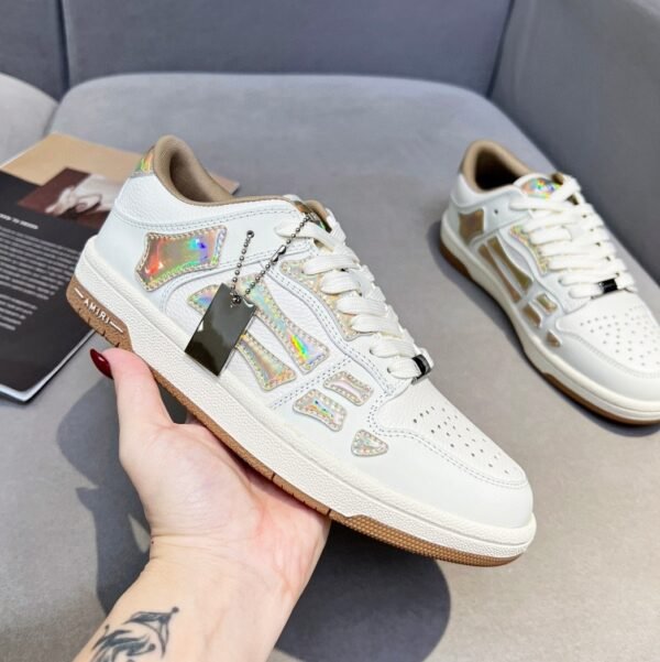 3 AMR Skel Leather Trainers – White with Holographic Brown Accents