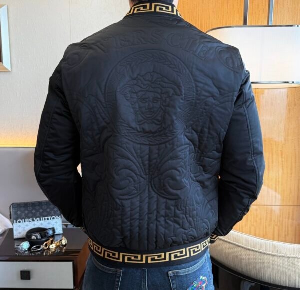 3 VRSC Medusa Head Embroidered Logo Greek Key Bomber Jacket - Black