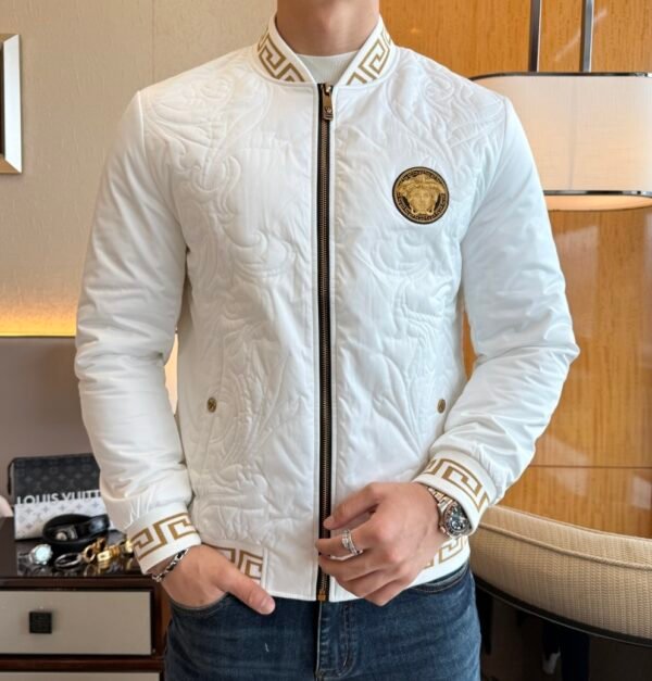 VRSC Medusa Head Embroidered Logo Greek Key Bomber Jacket – White