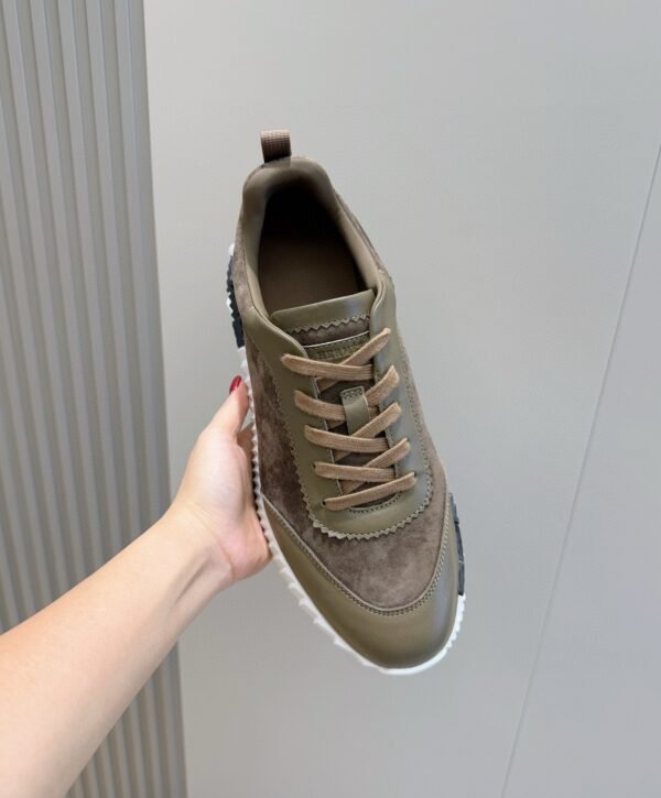 HRMS Leather & Suede Trainers – Taupe with Green Olive Accents