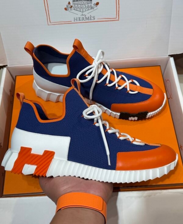 HRMS Knit & Leather Low-Top Trainers – Blue with Orange Stripe