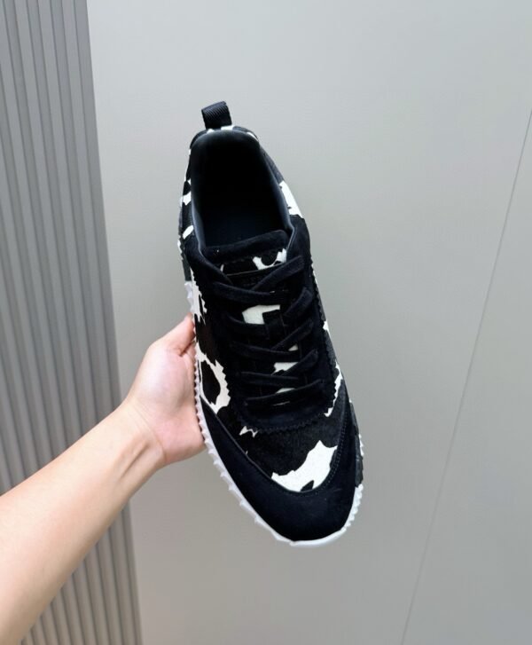 HRMS Cow-Print Canvas & Leather Low-Top Trainers – Black & White