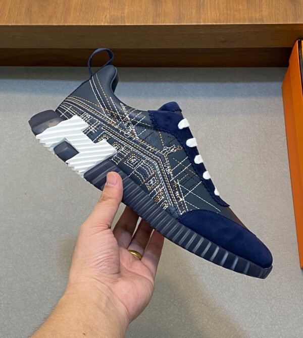 HRMS Circuit Board Pattern Suede & Leather Trainers – Navy Blue