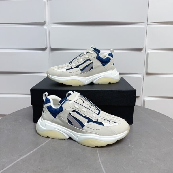 AMR Mesh & Suede Bone Runner Trainers – Beige Off-White & Blue