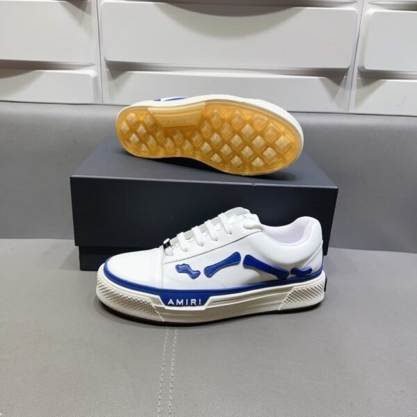 AMR Low-Top Leather Skel Trainers – White & Blue Accents