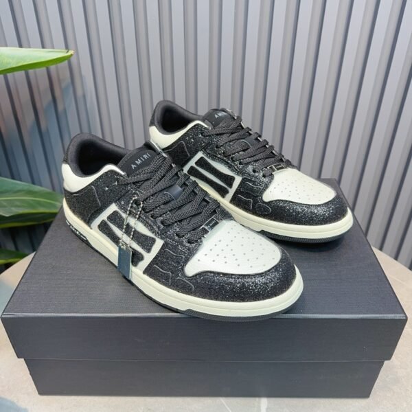 AMR Skel Leather Trainers – White & Black with Glitter Panels