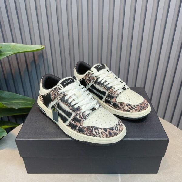 AMR Skel Leather Trainers – White with Leopard Print Textile Panels