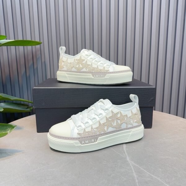 AMR Stars Court Low Mesh & Leather with Glitter Trainers - Alabaster