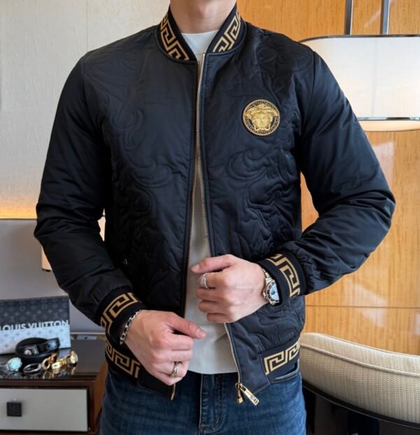 4 VRSC Medusa Head Embroidered Logo Greek Key Bomber Jacket - Black