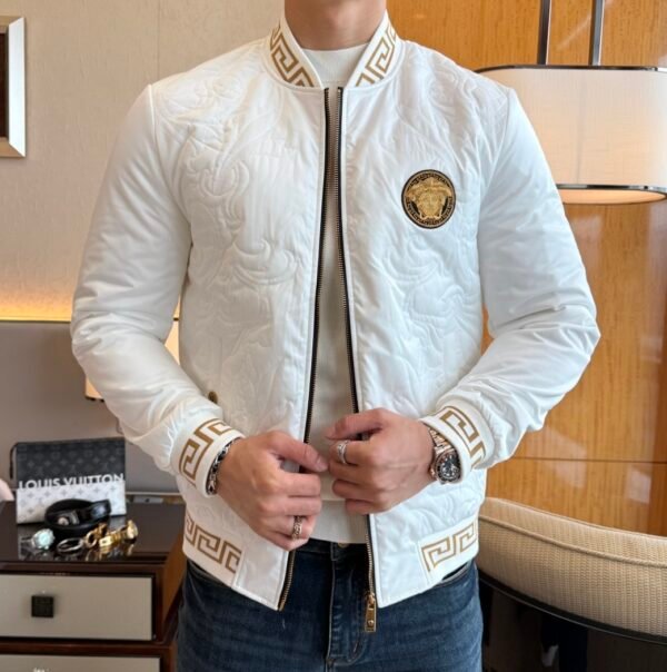 VRSC Medusa Head Embroidered Logo Greek Key Bomber Jacket – White