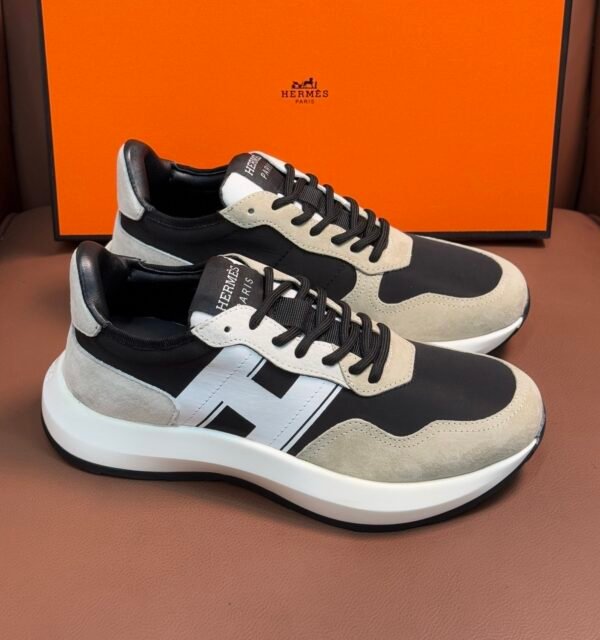 HRMS Suede Low-Top Black Accents Trainers – Beige & White