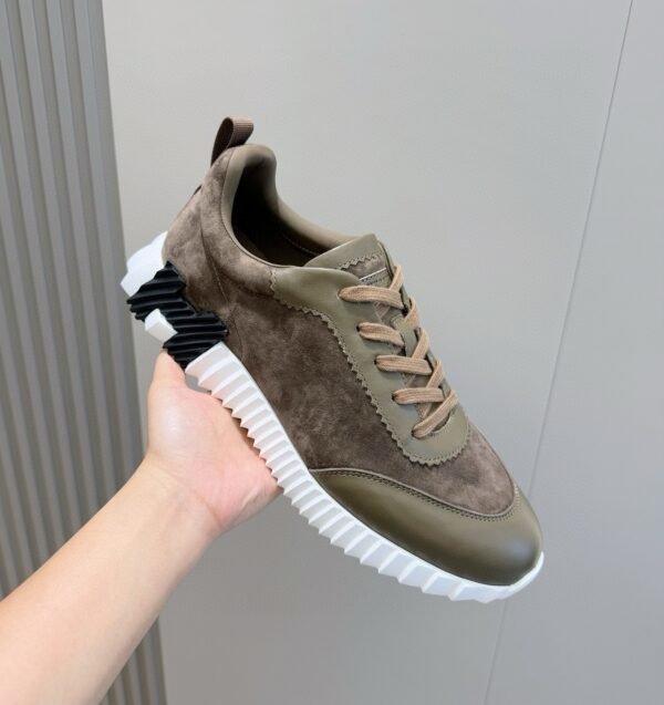 HRMS Leather & Suede Trainers – Taupe with Green Olive Accents