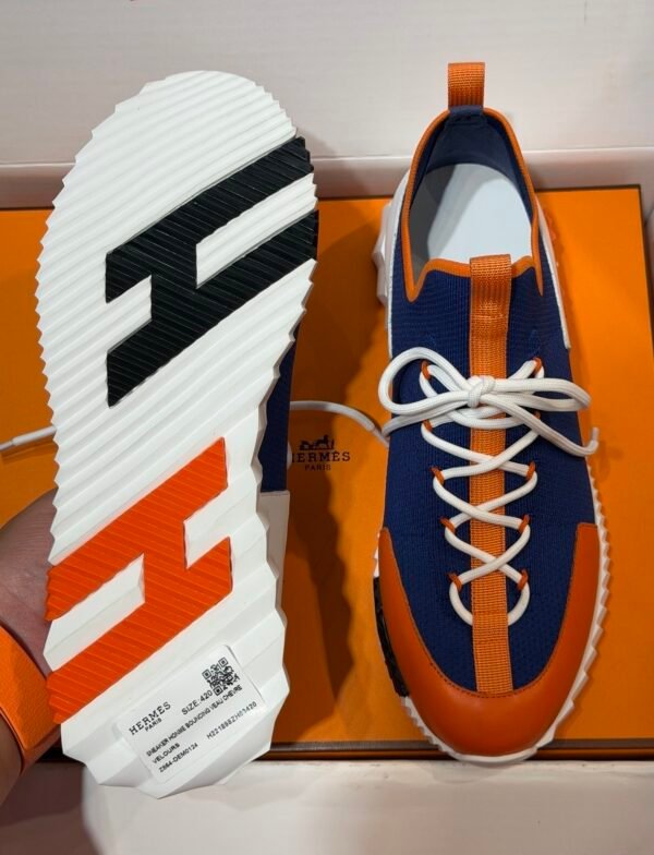 HRMS Knit & Leather Low-Top Trainers – Blue with Orange Stripe