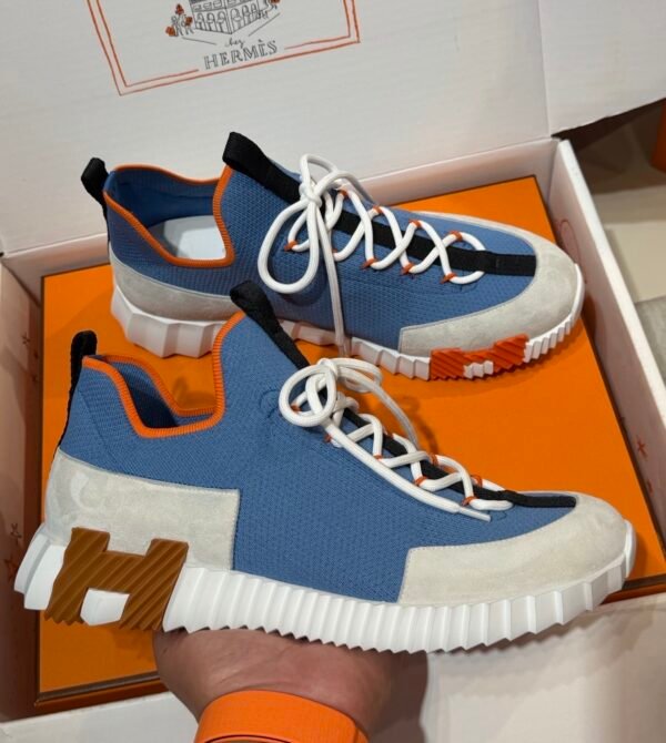 HRMS Knit & Suede Low-Top Trainers – Blue with Black Stripe