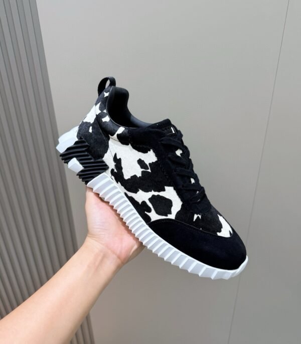 HRMS Cow-Print Canvas & Leather Low-Top Trainers – Black & White