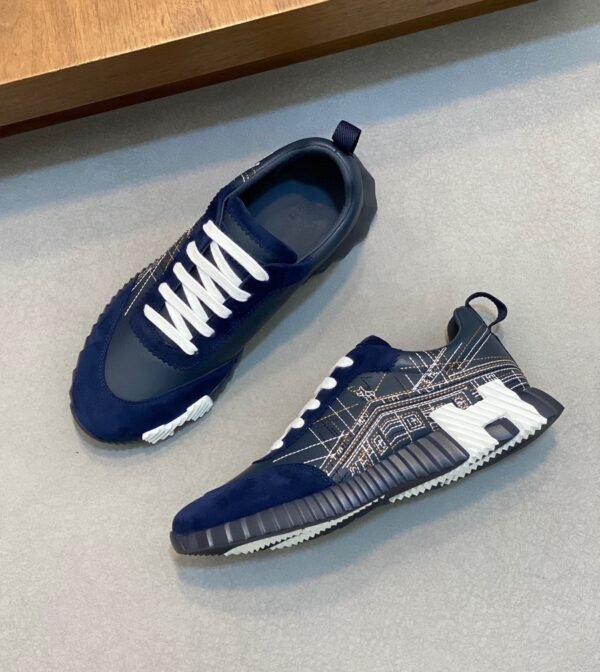 HRMS Circuit Board Pattern Suede & Leather Trainers – Navy Blue