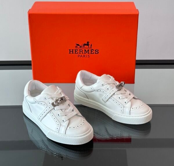HRMS Day Leather Trainers with Palladium-Plated Kelly Buckle – All White