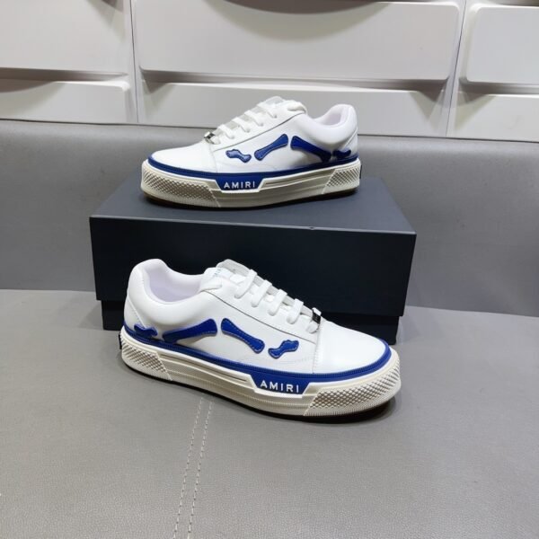 AMR Low-Top Leather Skel Trainers – White & Blue Accents