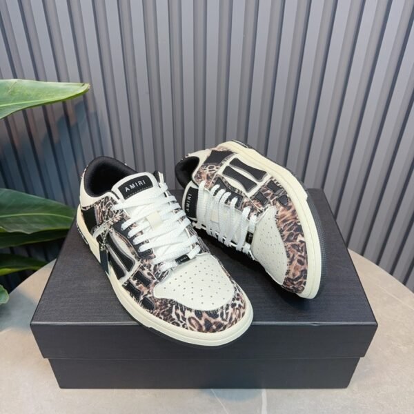 AMR Skel Leather Trainers – White with Leopard Print Textile Panels