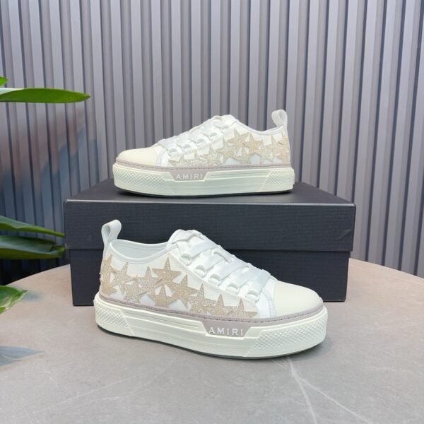 AMR Stars Court Low Mesh & Leather with Glitter Trainers - Alabaster