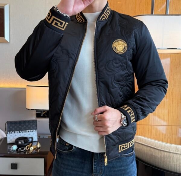 5 VRSC Medusa Head Embroidered Logo Greek Key Bomber Jacket - Black