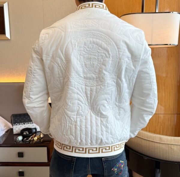 VRSC Medusa Head Embroidered Logo Greek Key Bomber Jacket – White