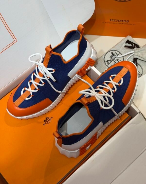 HRMS Knit & Leather Low-Top Trainers – Blue with Orange Stripe