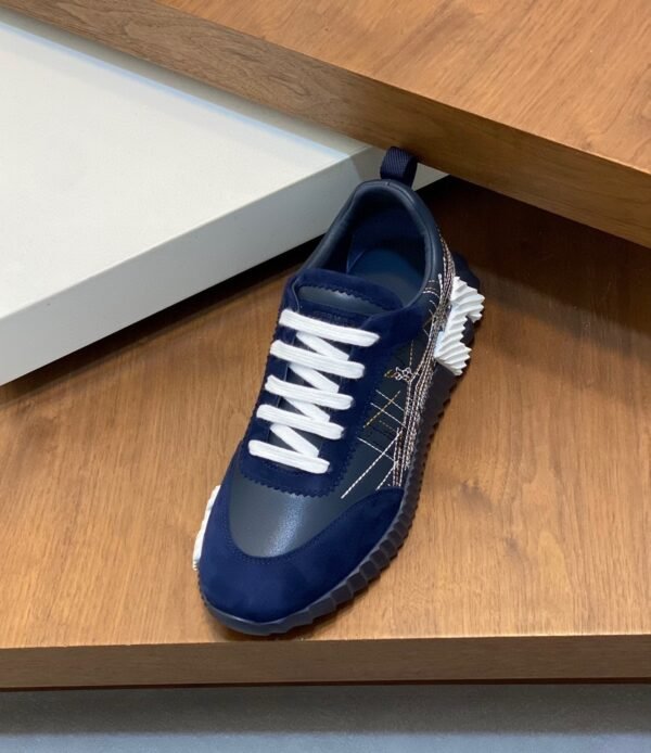 HRMS Circuit Board Pattern Suede & Leather Trainers – Navy Blue