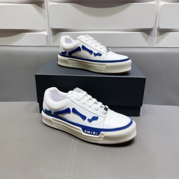 AMR Low-Top Leather Skel Trainers – White & Blue Accents