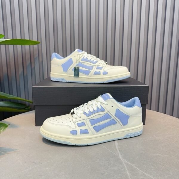 AMR Skel Leather Trainers – White with Baby Blue Accents