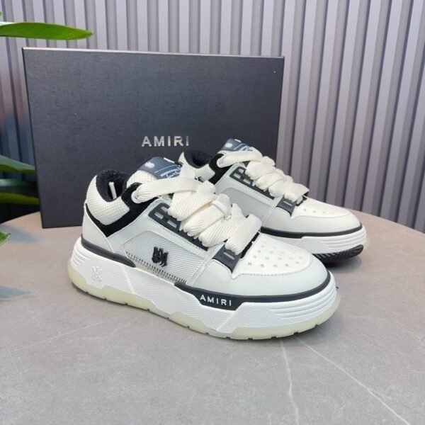 AMR Chunky Sole Mesh Suede & Leather White Trainers - Black & Grey Accents