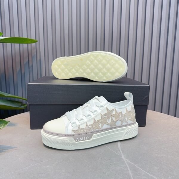AMR Stars Court Low Mesh & Leather with Glitter Trainers - Alabaster