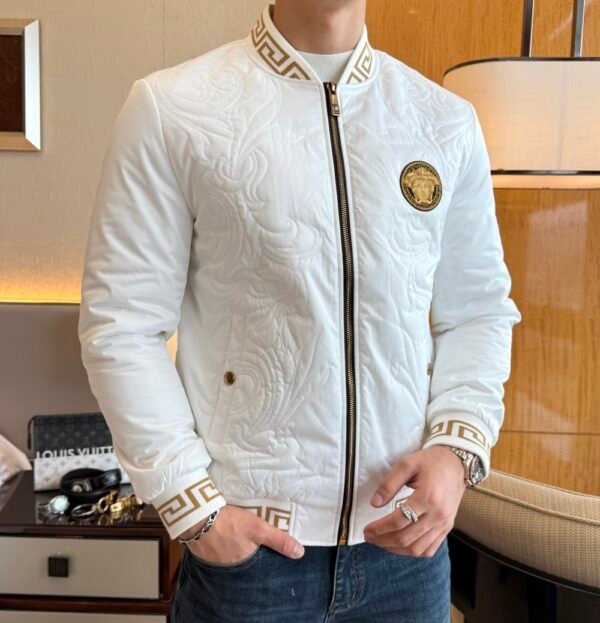 VRSC Medusa Head Embroidered Logo Greek Key Bomber Jacket – White