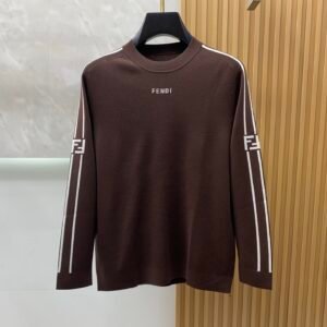 FND Crew Neck Jumper with Contrast Sleeve Stripe Detail - Brown