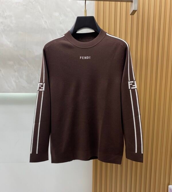 6724491d FND Crew Neck Jumper with Contrast Sleeve Stripe Detail - Brown