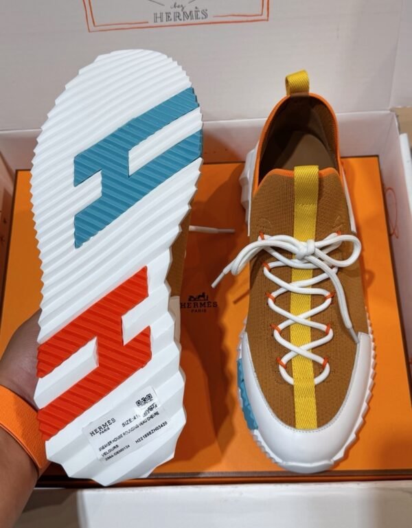 HRMS Knit & Leather Low-Top Trainers – Brown with Yellow Stripe