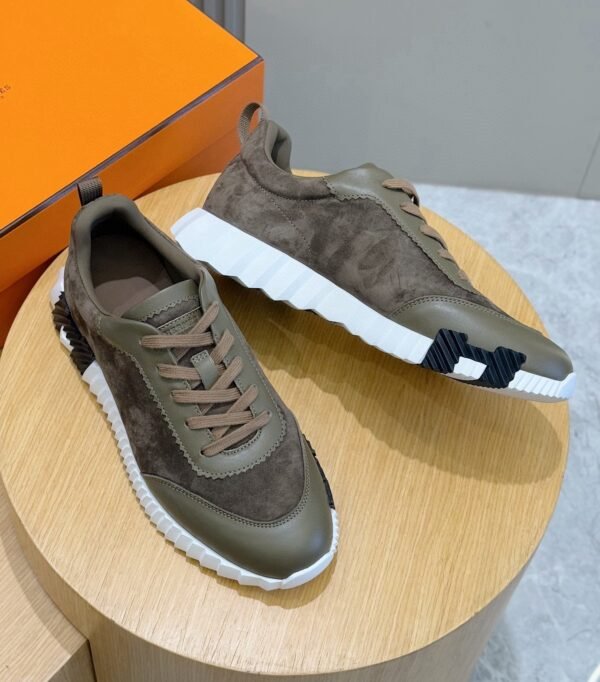 HRMS Leather & Suede Trainers – Taupe with Green Olive Accents