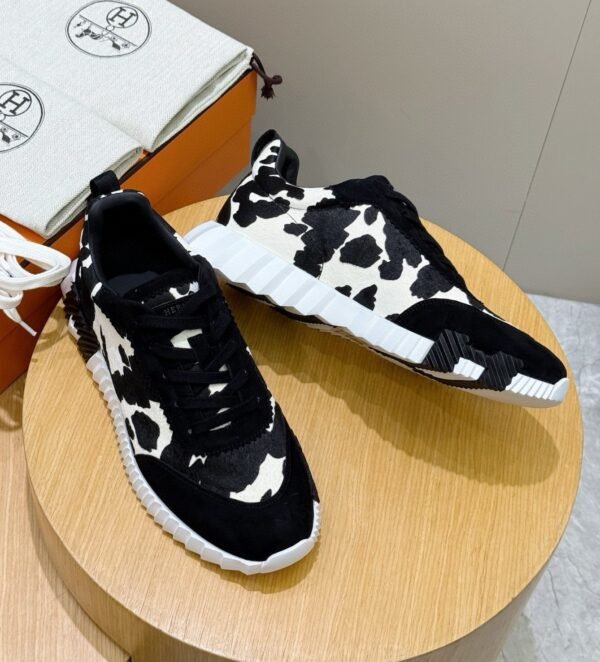 HRMS Cow-Print Canvas & Leather Low-Top Trainers – Black & White