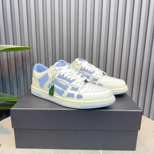 AMR Skel Leather Trainers – White with Baby Blue Accents