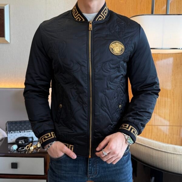 7 VRSC Medusa Head Embroidered Logo Greek Key Bomber Jacket - Black