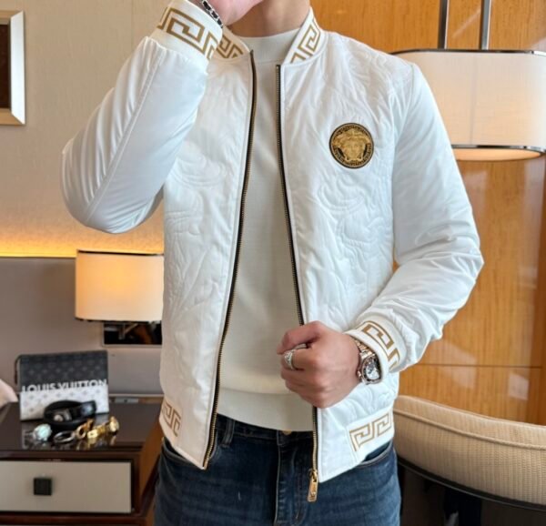 VRSC Medusa Head Embroidered Logo Greek Key Bomber Jacket – White