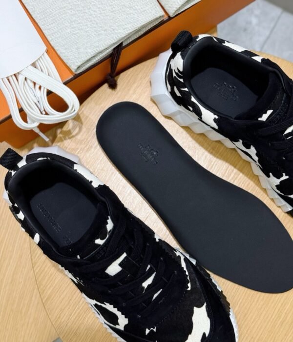 HRMS Cow-Print Canvas & Leather Low-Top Trainers – Black & White