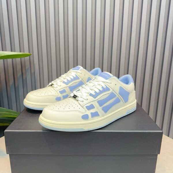 AMR Skel Leather Trainers – White with Baby Blue Accents
