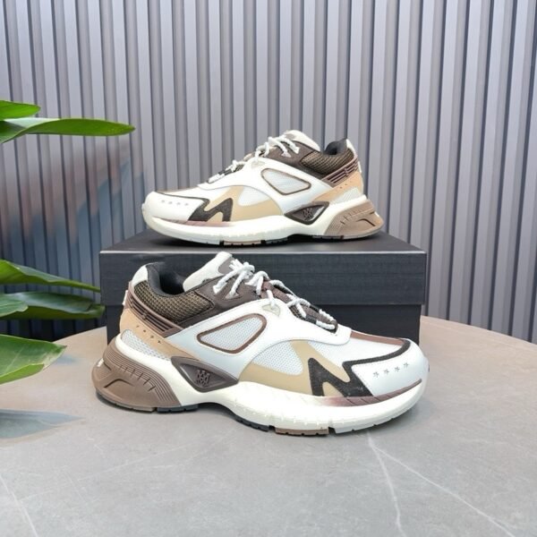 8 AMR Mesh & Leather Runner Trainers - White & Brown
