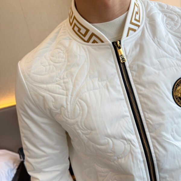 VRSC Medusa Head Embroidered Logo Greek Key Bomber Jacket – White