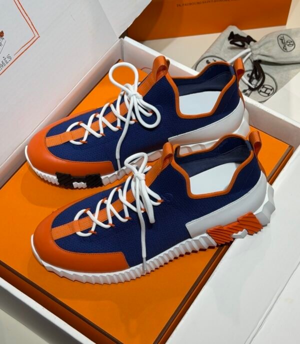 HRMS Knit & Leather Low-Top Trainers – Blue with Orange Stripe