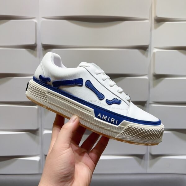 AMR Low-Top Leather Skel Trainers – White & Blue Accents